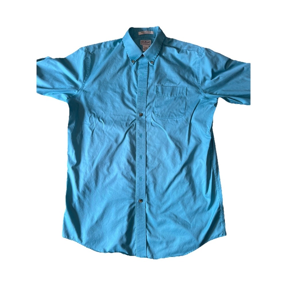 LL Bean Wrinkle Resistant Shirt Mens L Tall Blue Short Sleeve Pocket Button Down